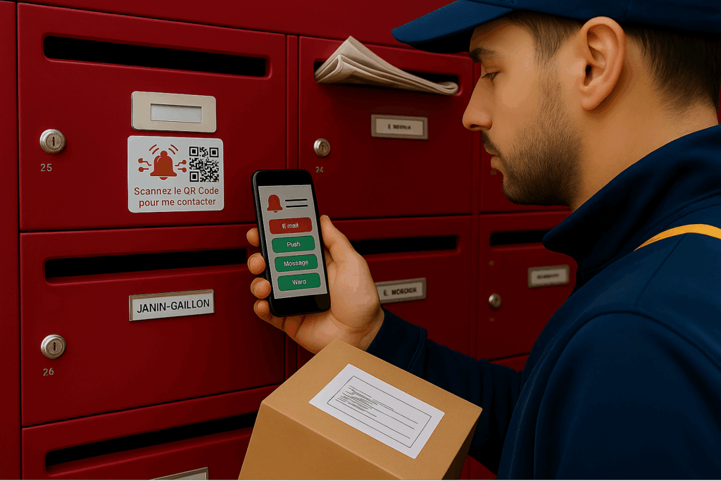 Facteur avec un colis devant votre boite à lettre en train de scanner le QR code sur votre boite à lettre afin de vous contacter Facteur avec un colis devant votre boite à lettre en train de scanner le QR code sur votre boite à lettre afin de vous contacter