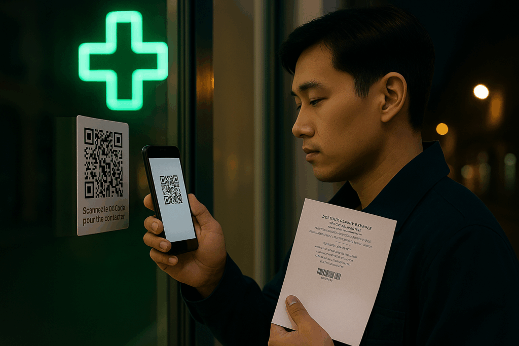 Client devant une pharmacie cherchant la pharmacie de garde la plus proche Client devant une pharmacie cherchant la pharmacie de garde la plus proche